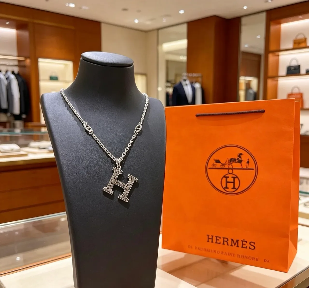 Hermès H Pendant Silver Chain Necklace 9