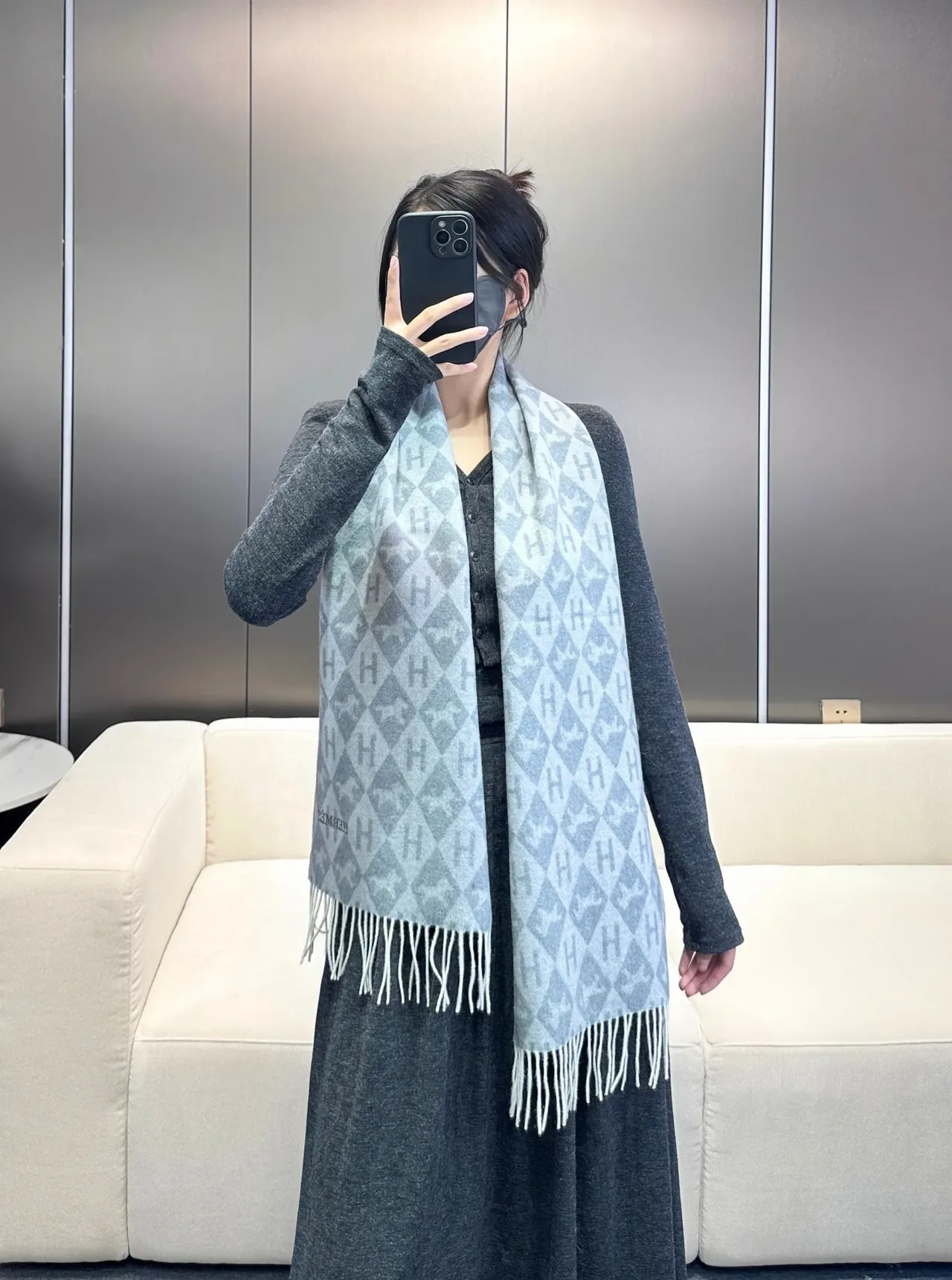 Hermès Monogram-Print Gray and Cream Cashmere Scarf 2