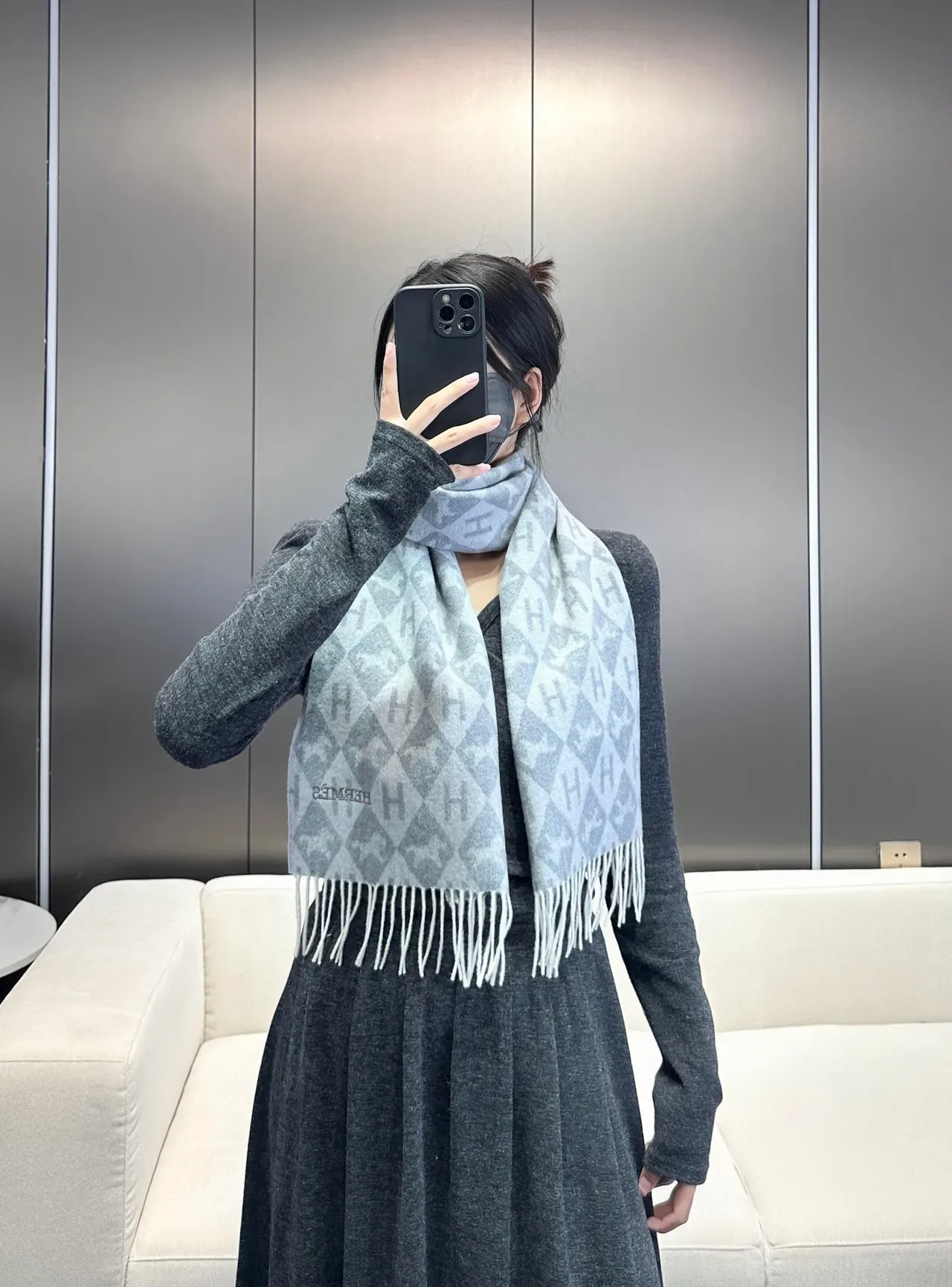 Hermès Monogram-Print Gray and Cream Cashmere Scarf 3