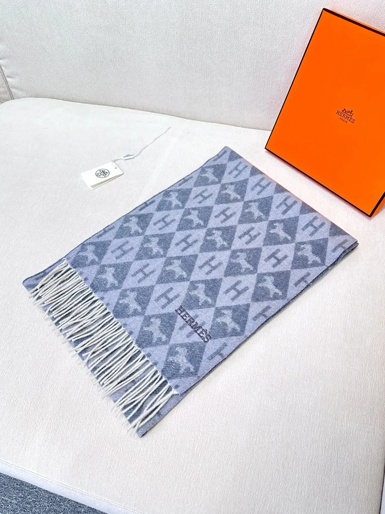 Hermès Monogram-Print Gray and Cream Cashmere Scarf 5