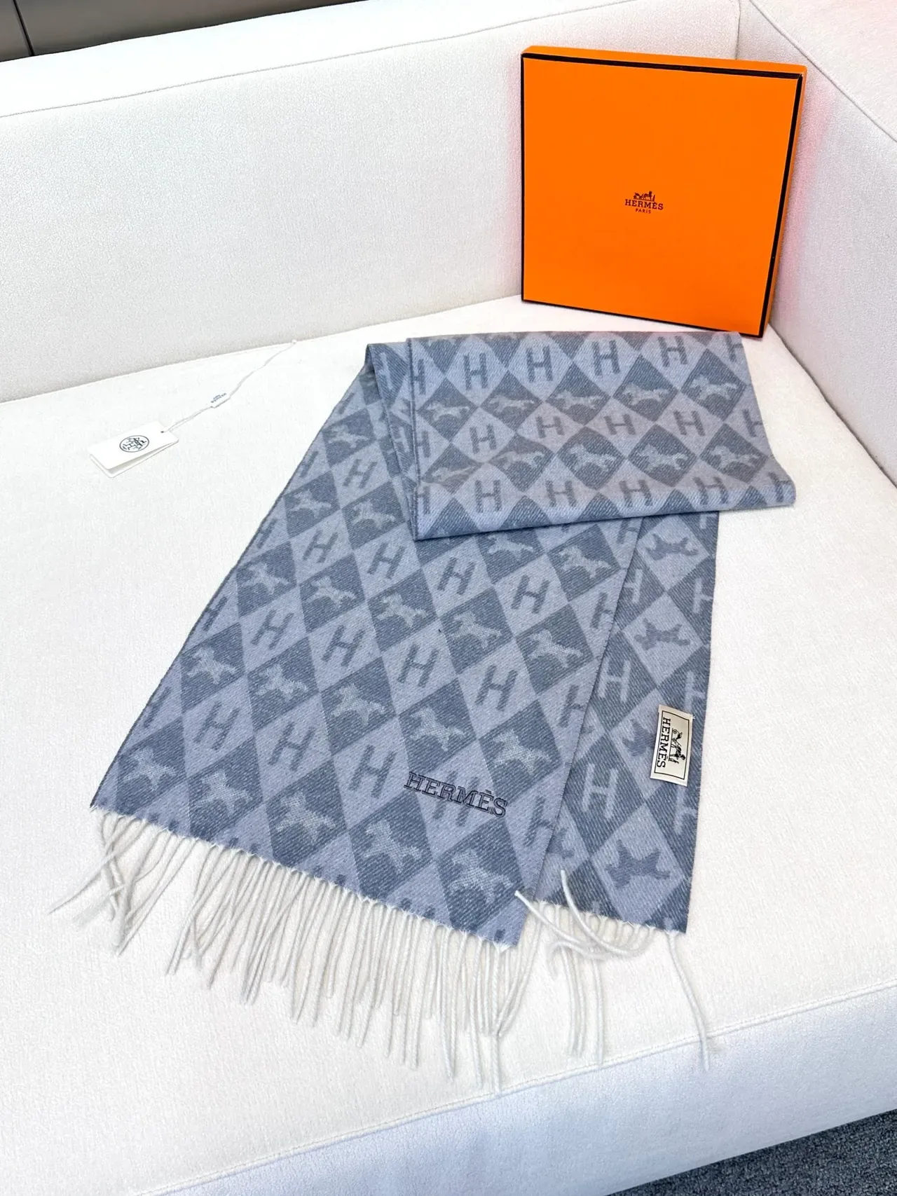 Hermès Monogram-Print Gray and Cream Cashmere Scarf 7