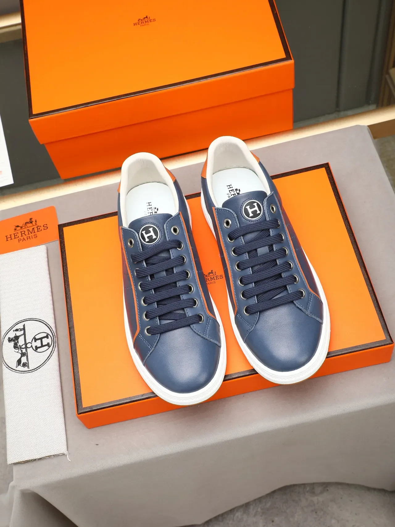 Hermès Navy and Orange Perforated Leather Lifestyle Sneaker 2
