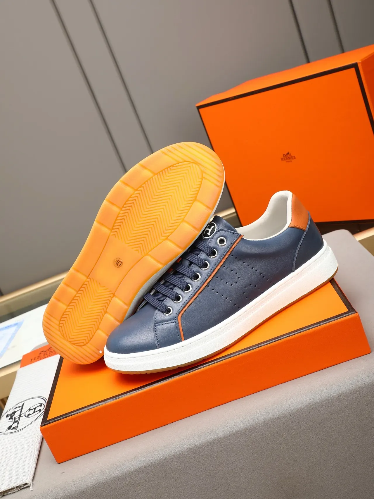 Hermès Navy and Orange Perforated Leather Lifestyle Sneaker 4