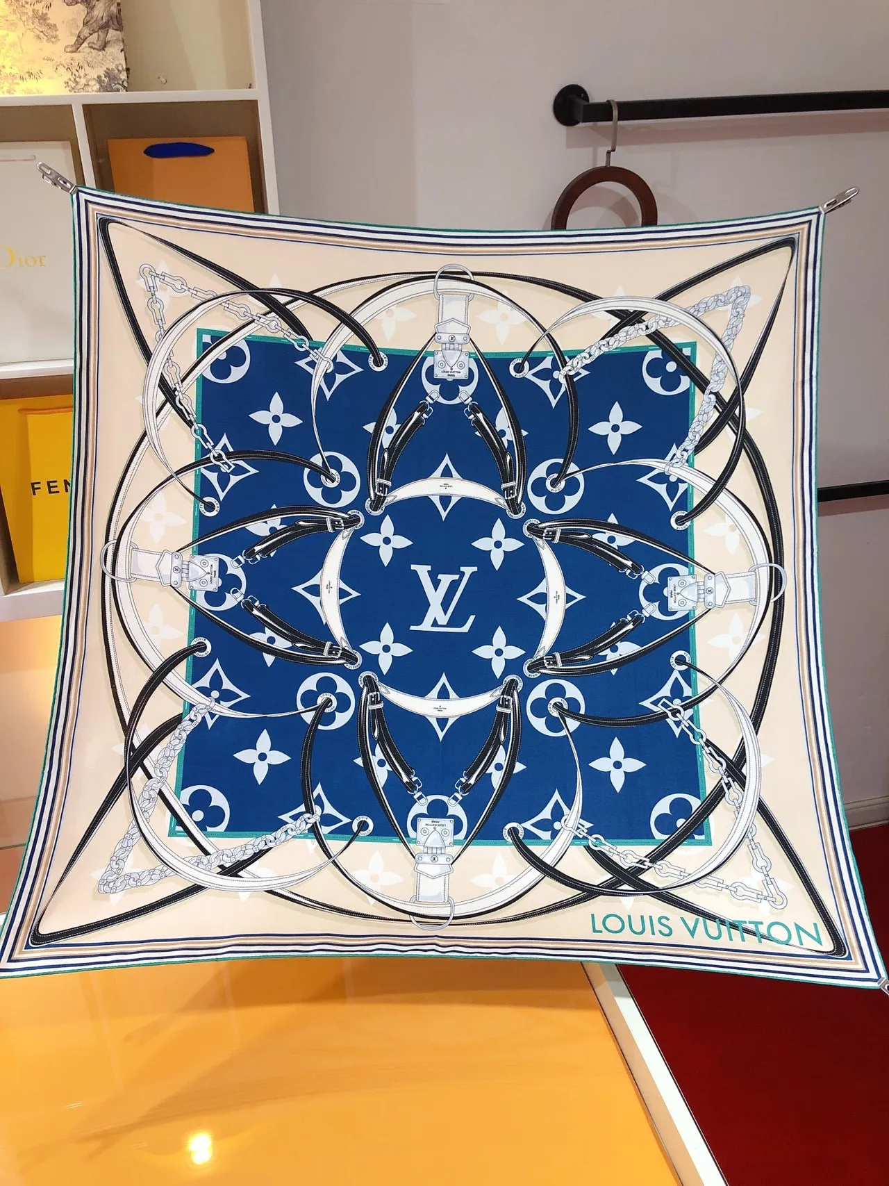Hermès Navy Beige Printed Chain Motif Silk Scarf 4