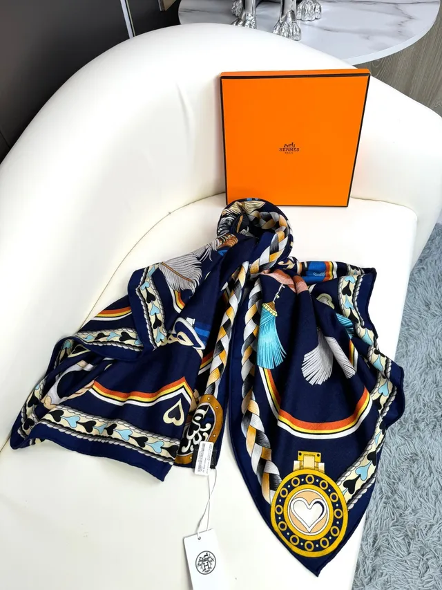 Hermès Navy Multicolor Blue Base Graphic Print Silk Scarf 9