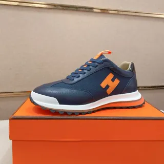 Hermès Navy Orange Leather And Mesh Upper 'H' Logo Lifestyle Sneakers