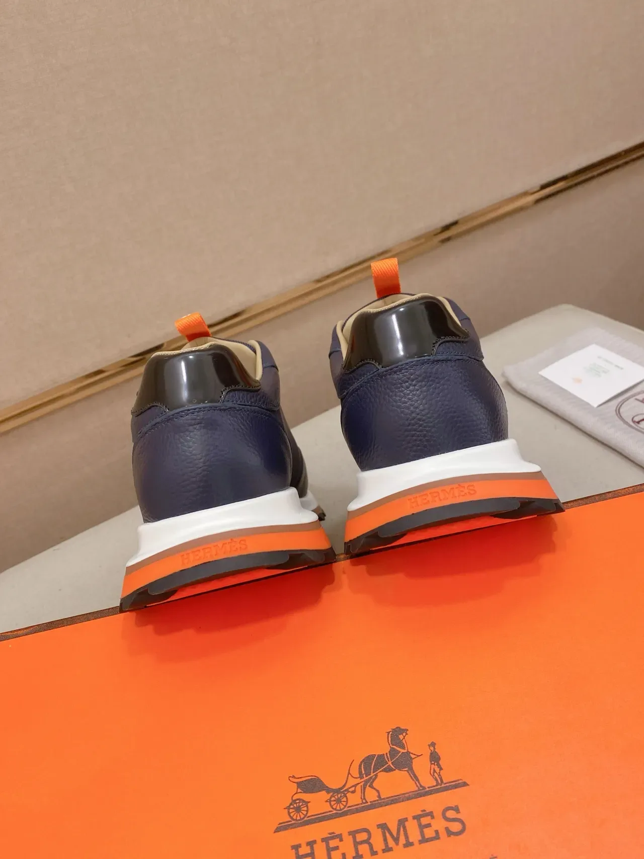 Hermès Navy Orange Leather And Mesh Upper 'H' Logo Lifestyle Sneakers 3