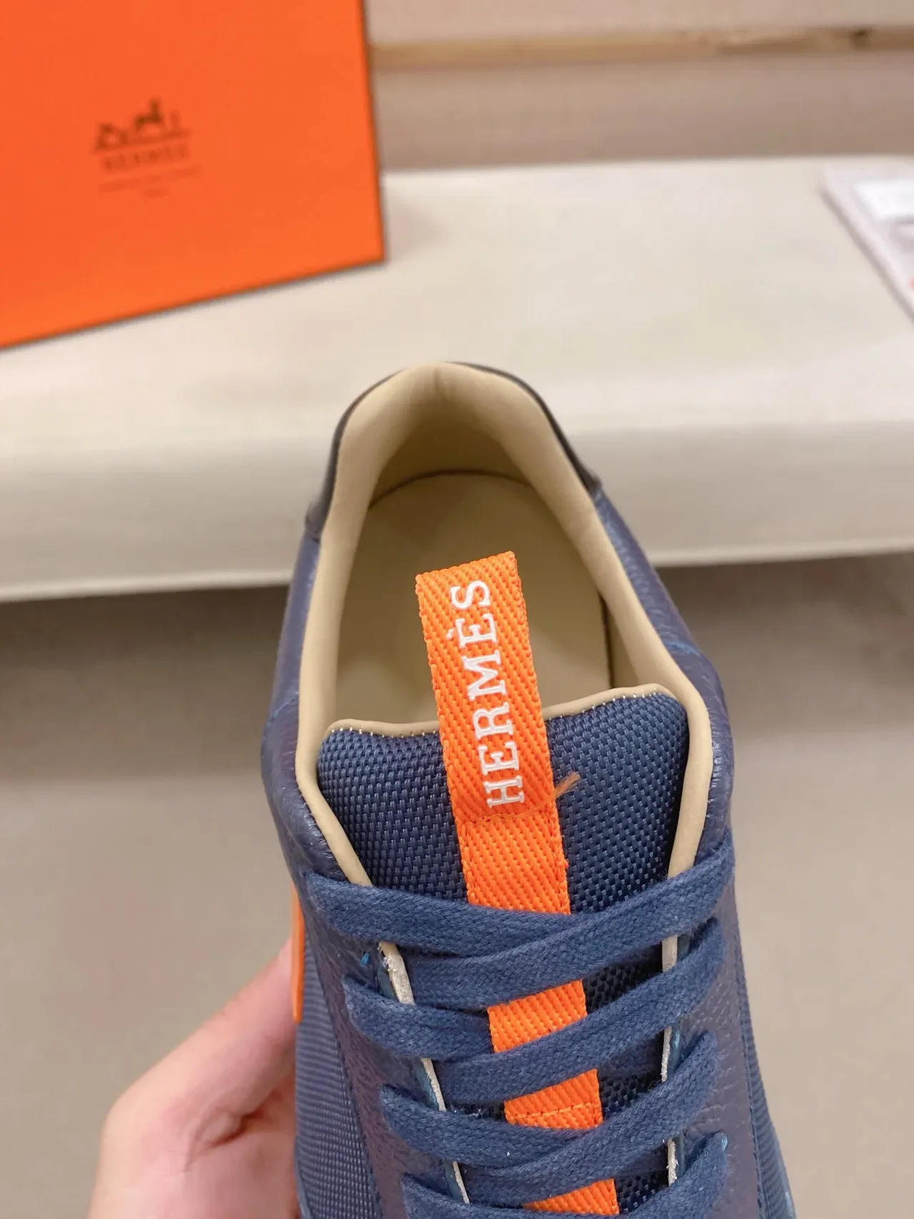 Hermès Navy Orange Leather And Mesh Upper 'H' Logo Lifestyle Sneakers 4