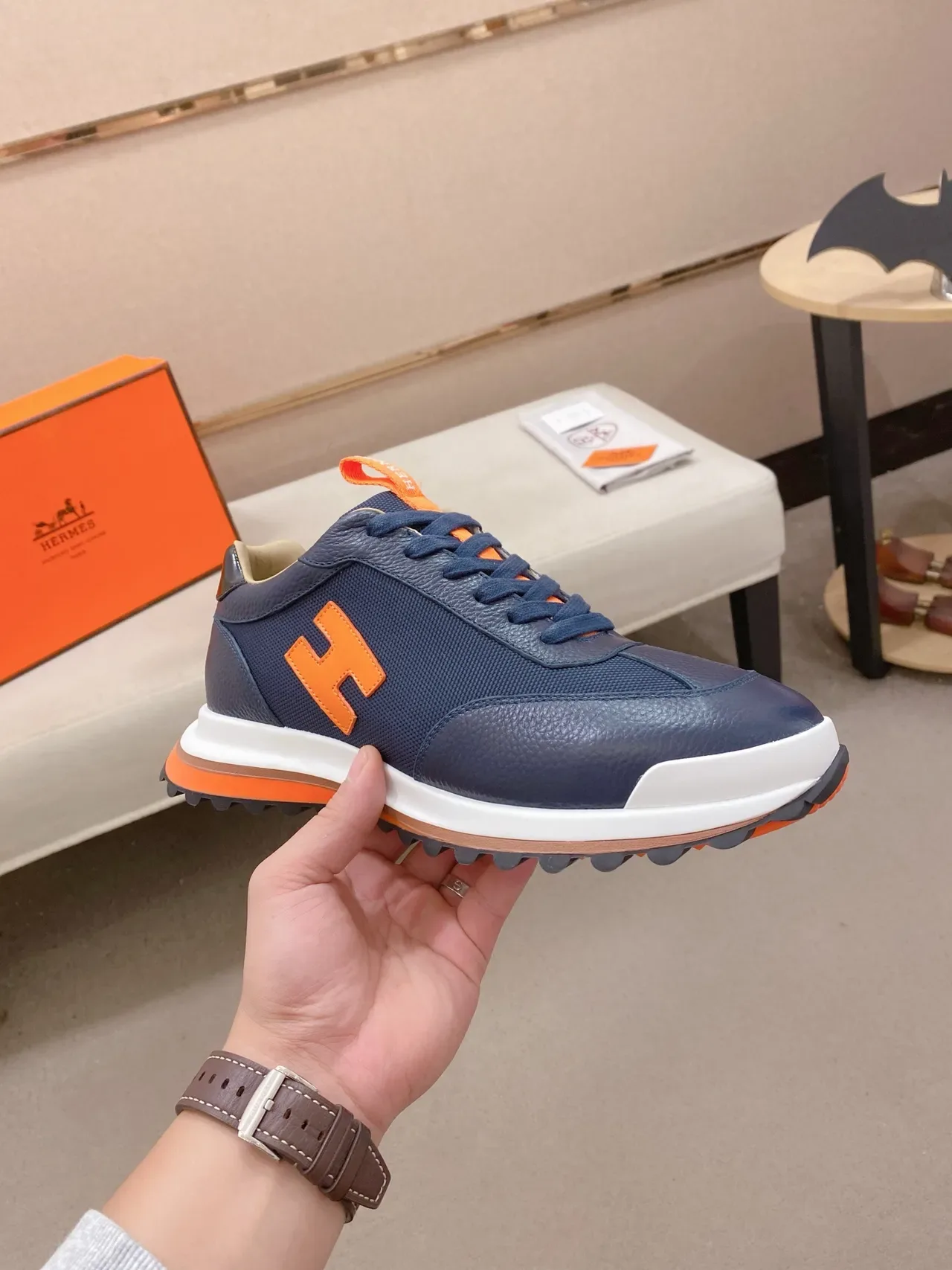 Hermès Navy Orange Leather And Mesh Upper 'H' Logo Lifestyle Sneakers 5