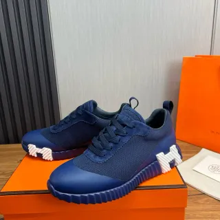 Hermès Navy White Knit-Suede Hybrid Upper Sculpted Ridged Rubber Sole Lifestyle Sneakers