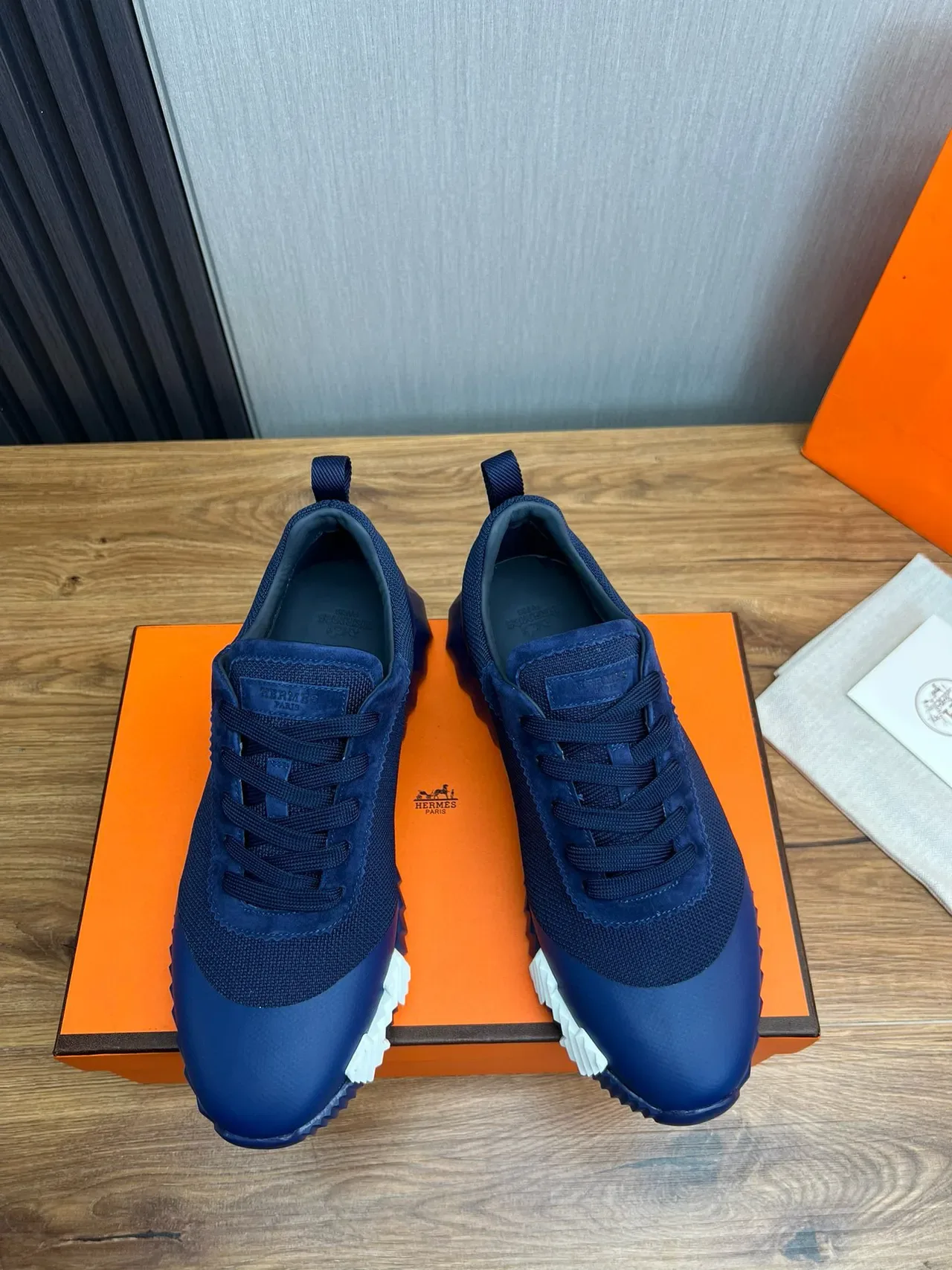 Hermès Navy White Chaussures Lifestyle Upper Knit-Suede Hybrid Sculpted Ridged Rubber Sole 3