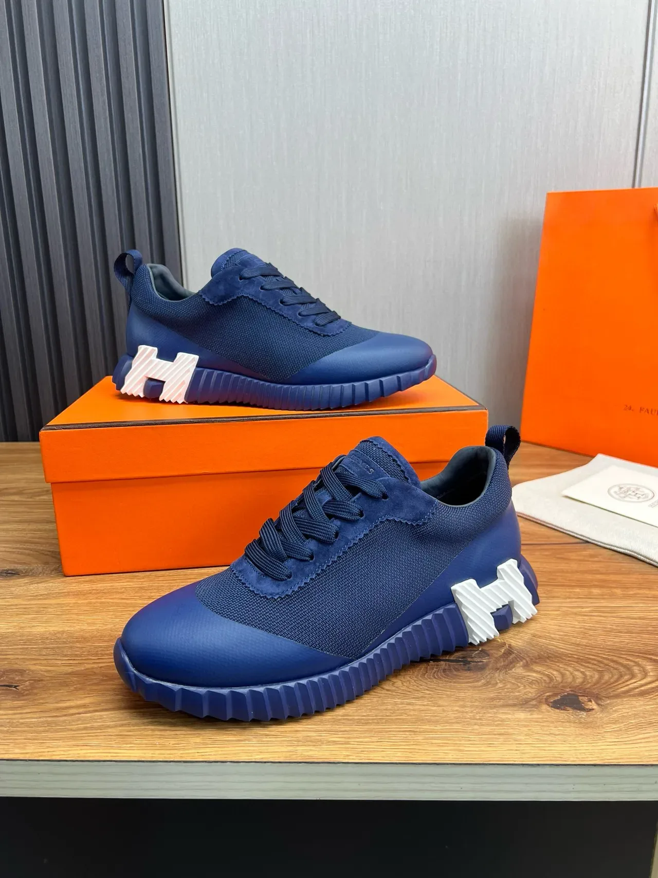 Hermès Navy White Chaussures Lifestyle Upper Knit-Suede Hybrid Sculpted Ridged Rubber Sole 5