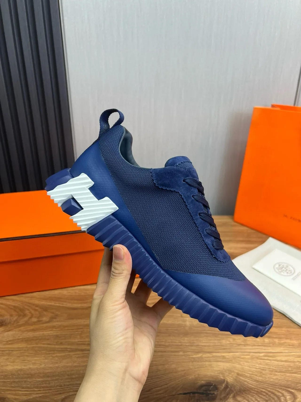 Hermès Navy White Chaussures Lifestyle Upper Knit-Suede Hybrid Sculpted Ridged Rubber Sole 7