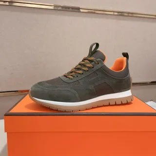 Hermès Olive and Orange Suede-Mesh Lifestyle Sneaker