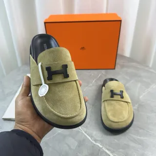 Hermès Oran Beige Black Suede Upper H-Logo Strap Loafer