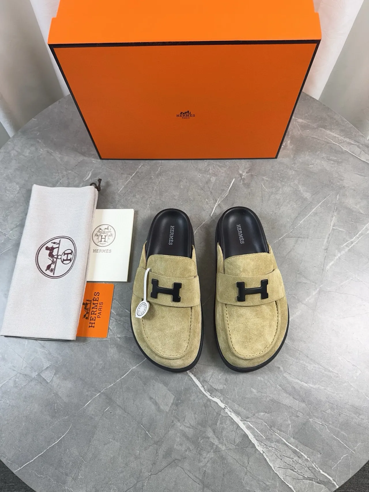 Hermès Oran Beige Black Suede Upper H-Logo Strap Loafer 2