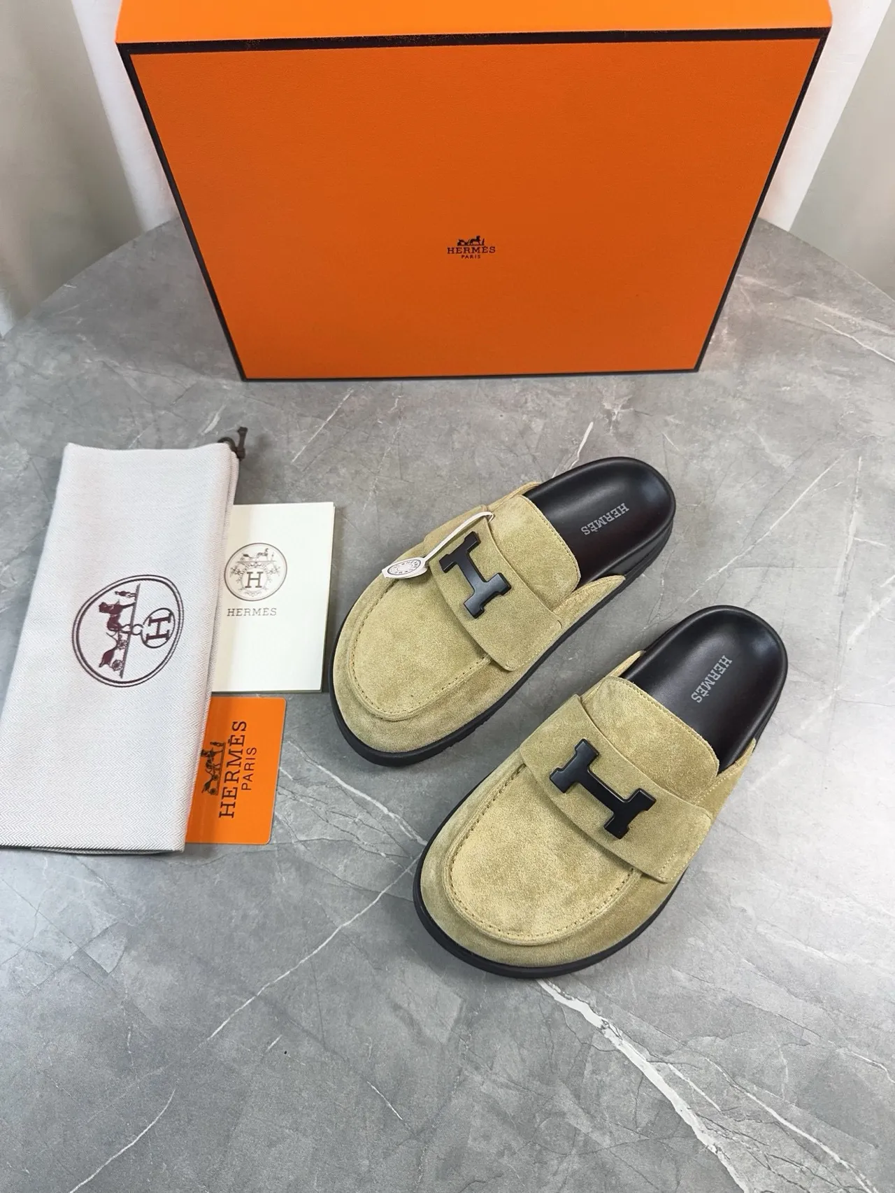 Hermès Oran Beige Black Suede Upper H-Logo Strap Loafer 3