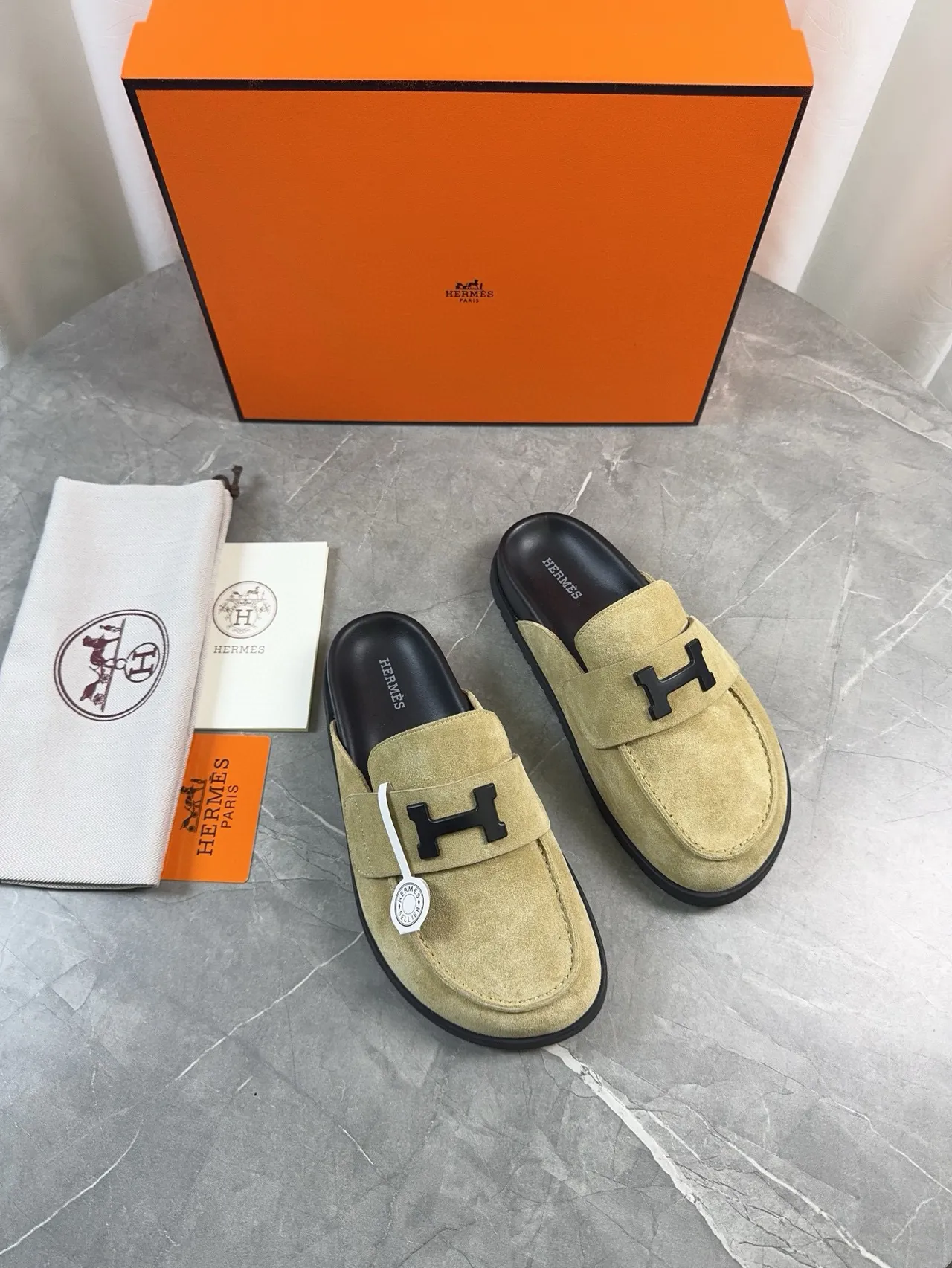 Hermès Oran Beige Black Suede Upper H-Logo Strap Loafer 5