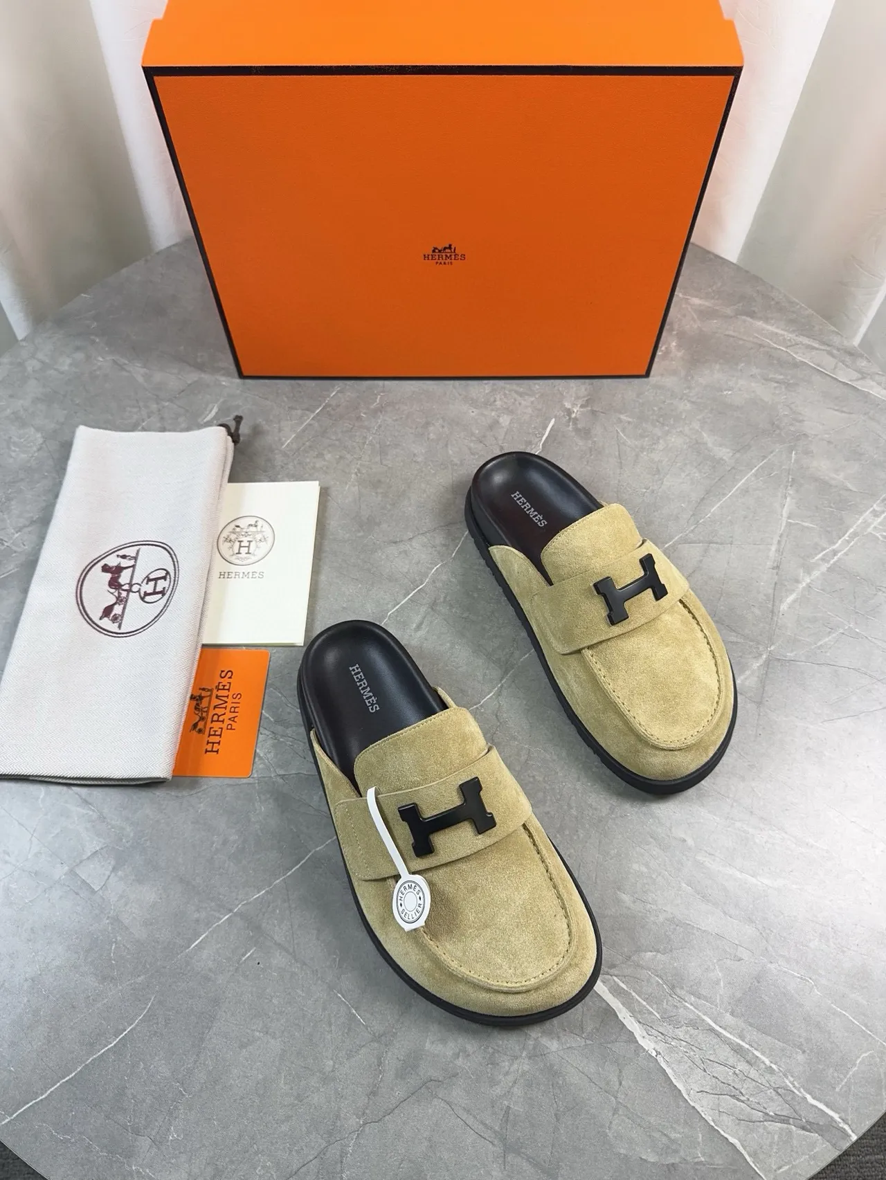 Hermès Oran Beige Black Suede Upper H-Logo Strap Loafer 6