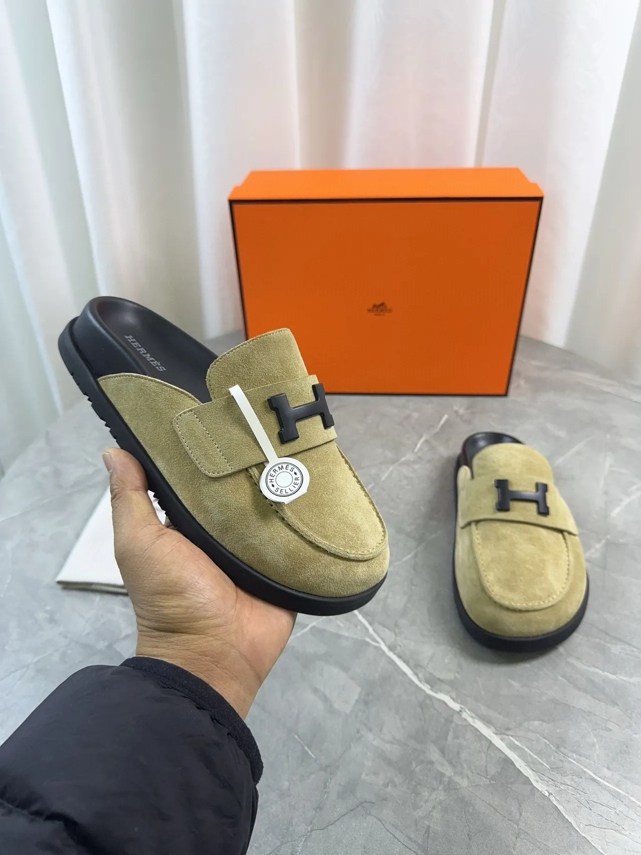 Hermès Oran Beige Black Suede Upper H-Logo Strap Loafer 7