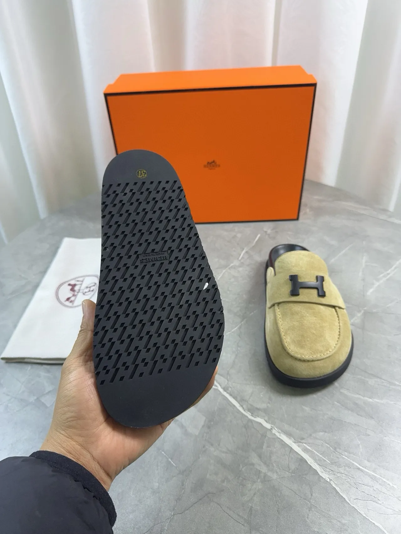Hermès Oran Beige Black Suede Upper H-Logo Strap Loafer 8