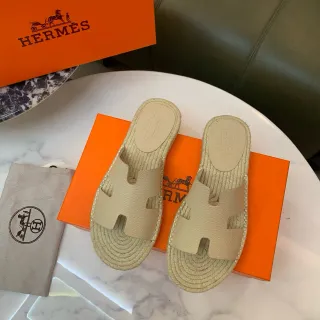 Hermès Oran Beige Leather H-Strap Espadrille Slippers
