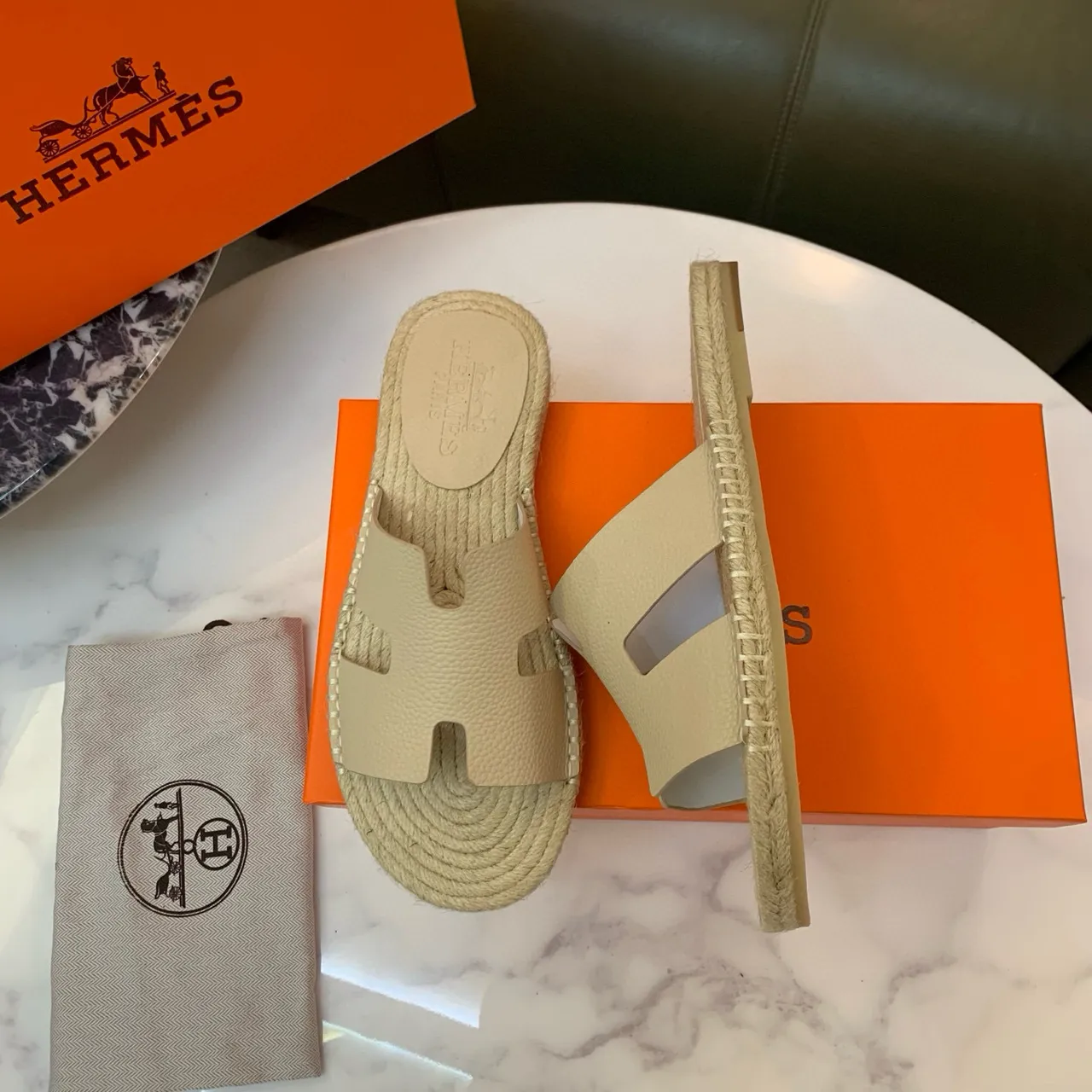 Hermès Oran cuir beige H-Strap Espadrille Slippers 2
