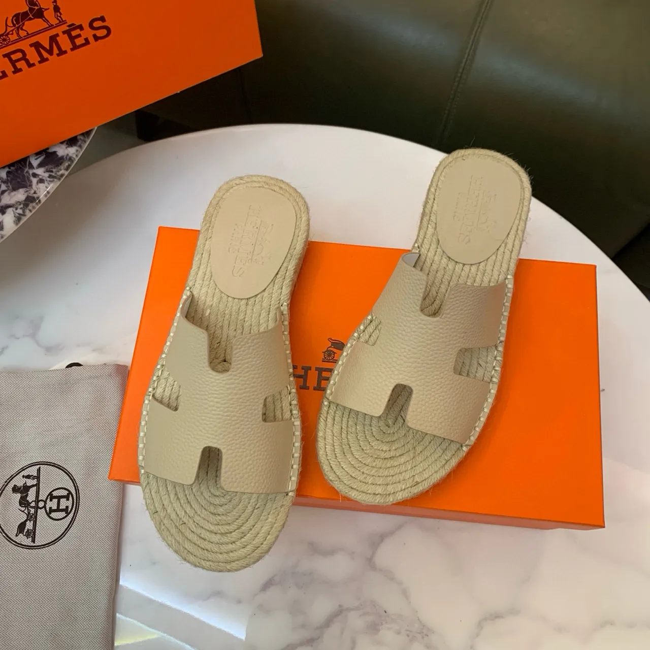 Hermès Oran cuir beige H-Strap Espadrille Slippers 3