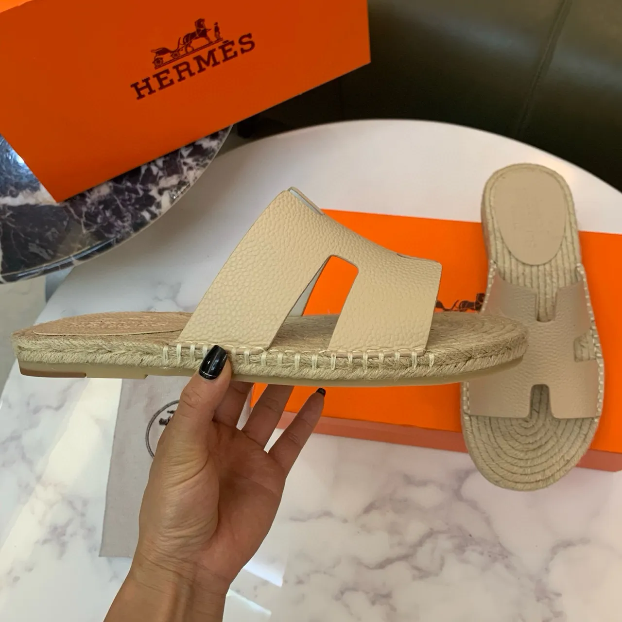 Hermès Oran cuir beige H-Strap Espadrille Slippers 4