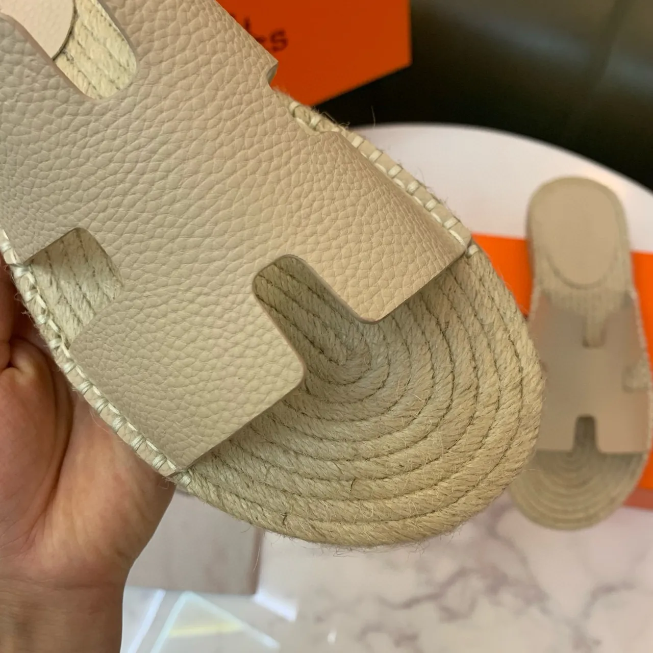 Hermès Oran cuir beige H-Strap Espadrille Slippers 5