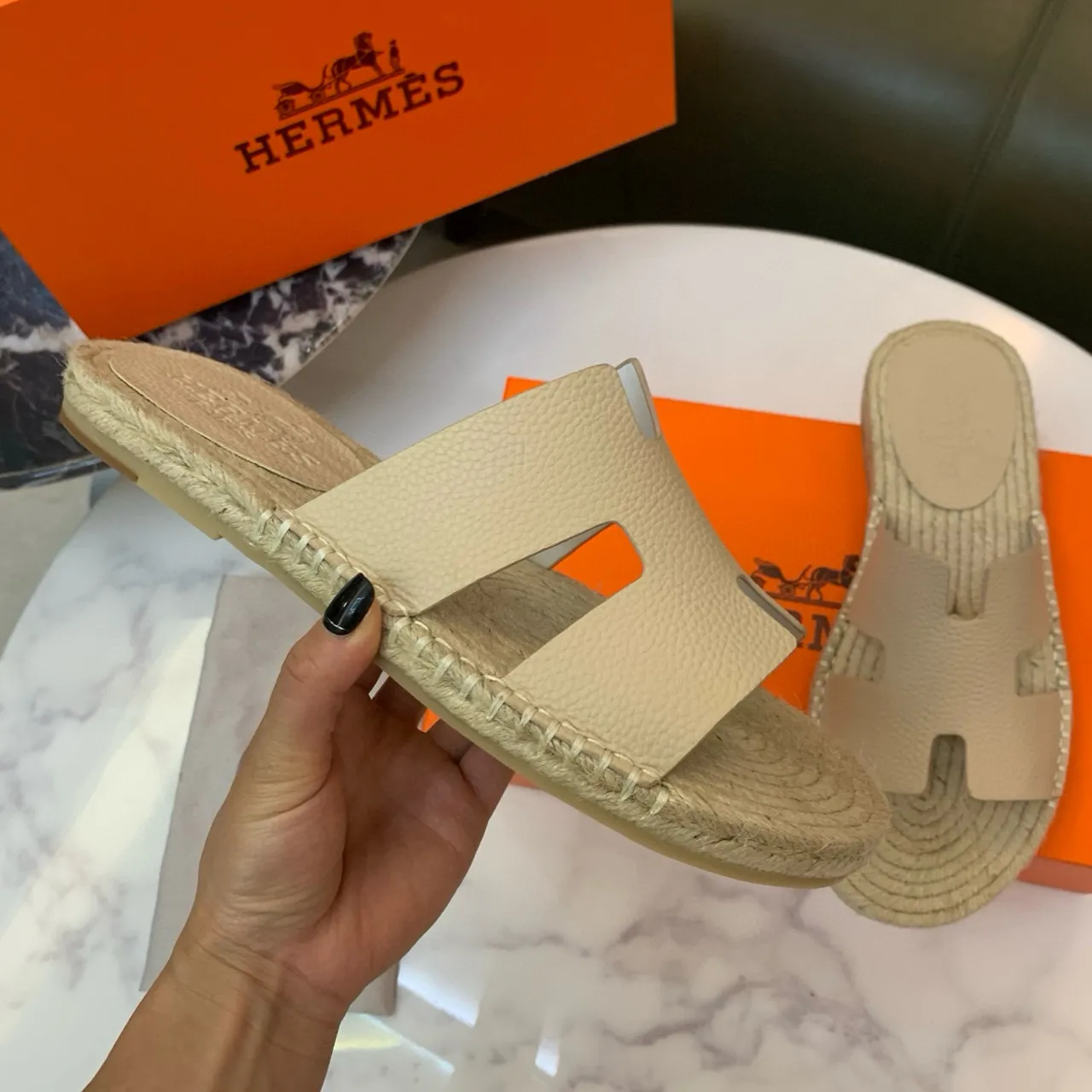 Hermès Oran cuir beige H-Strap Espadrille Slippers 6