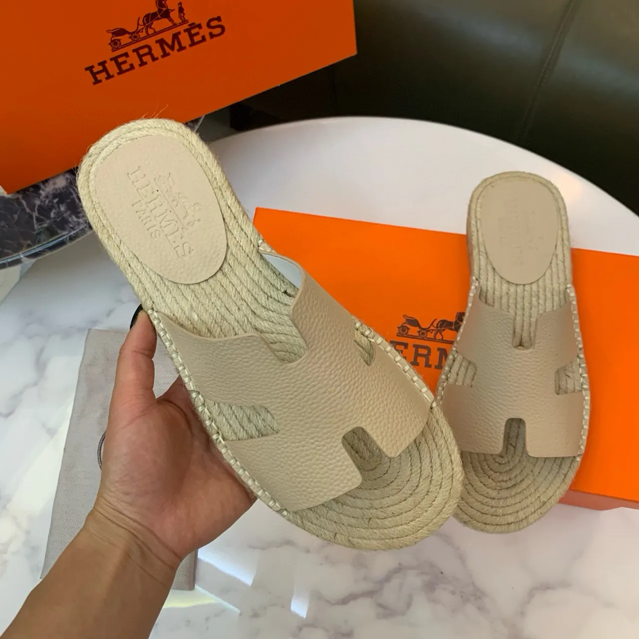 Hermès Oran cuir beige H-Strap Espadrille Slippers 7