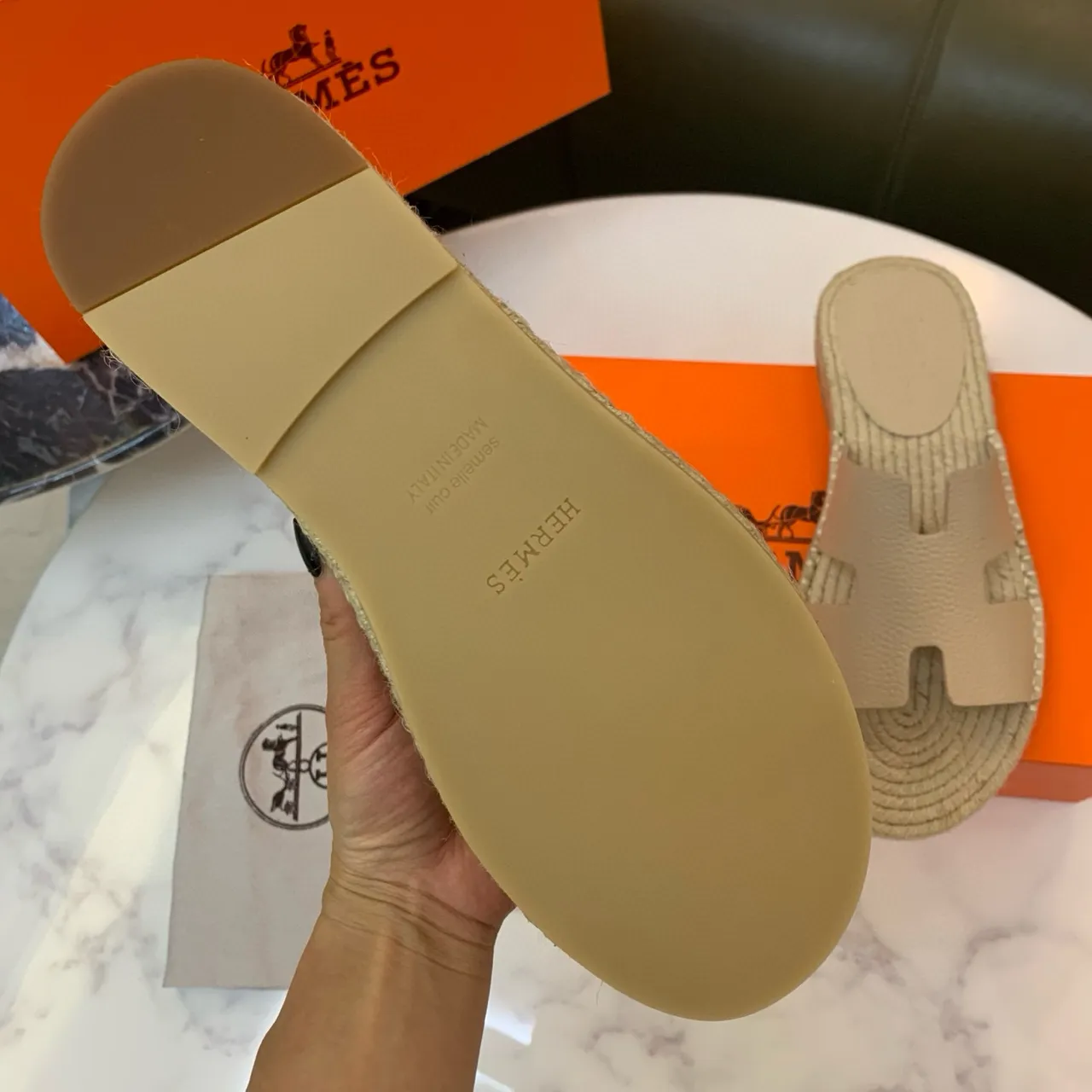 Hermès Oran cuir beige H-Strap Espadrille Slippers 8