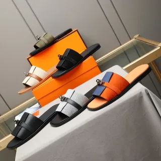 Hermès Oran Preto Laranja Flat Slide Metal H-Toggle Hardware Sandália