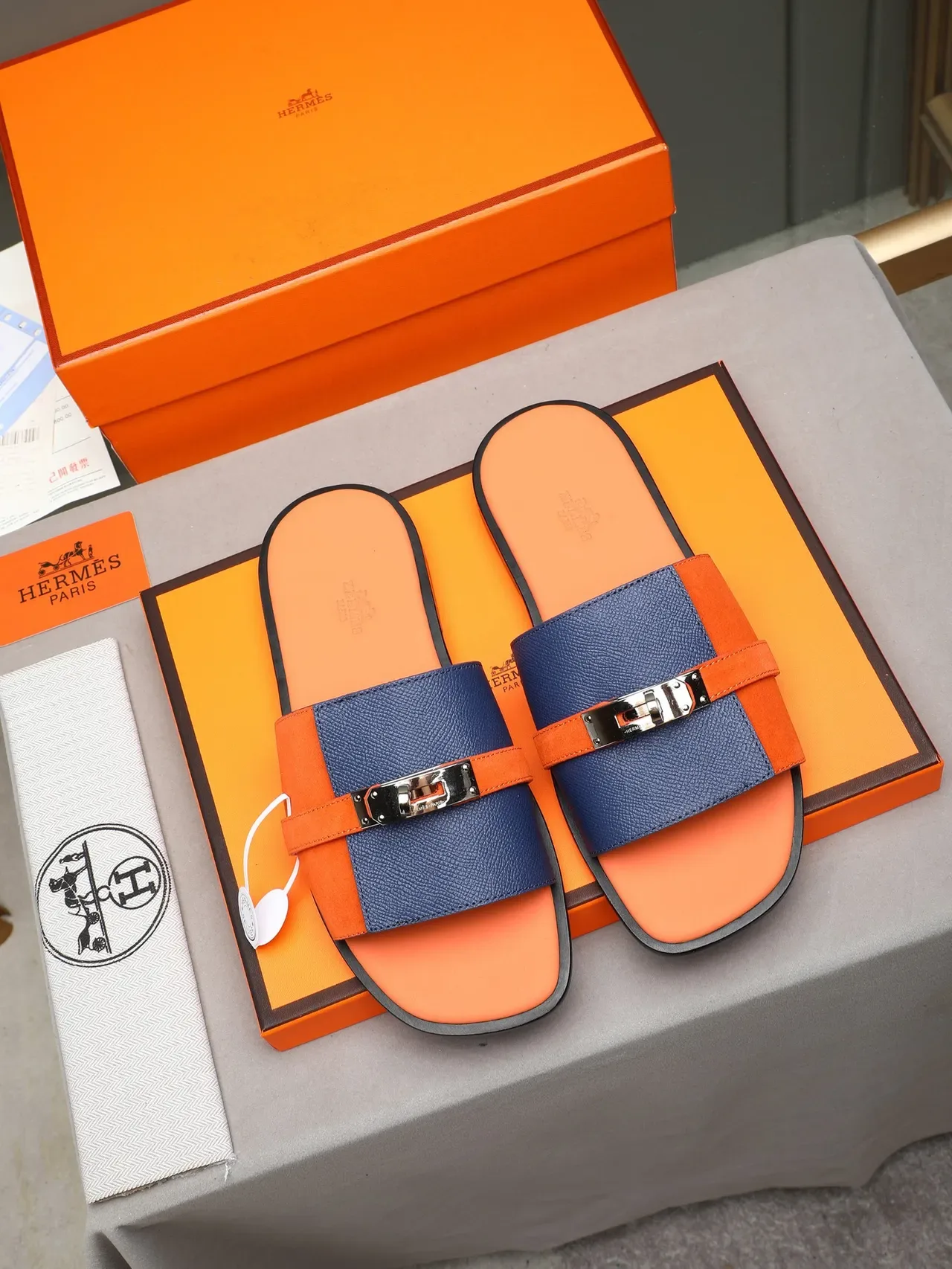 Hermès Oran Negro Naranja Flat Slide Metal H-Toggle Hardware Sandalias 3