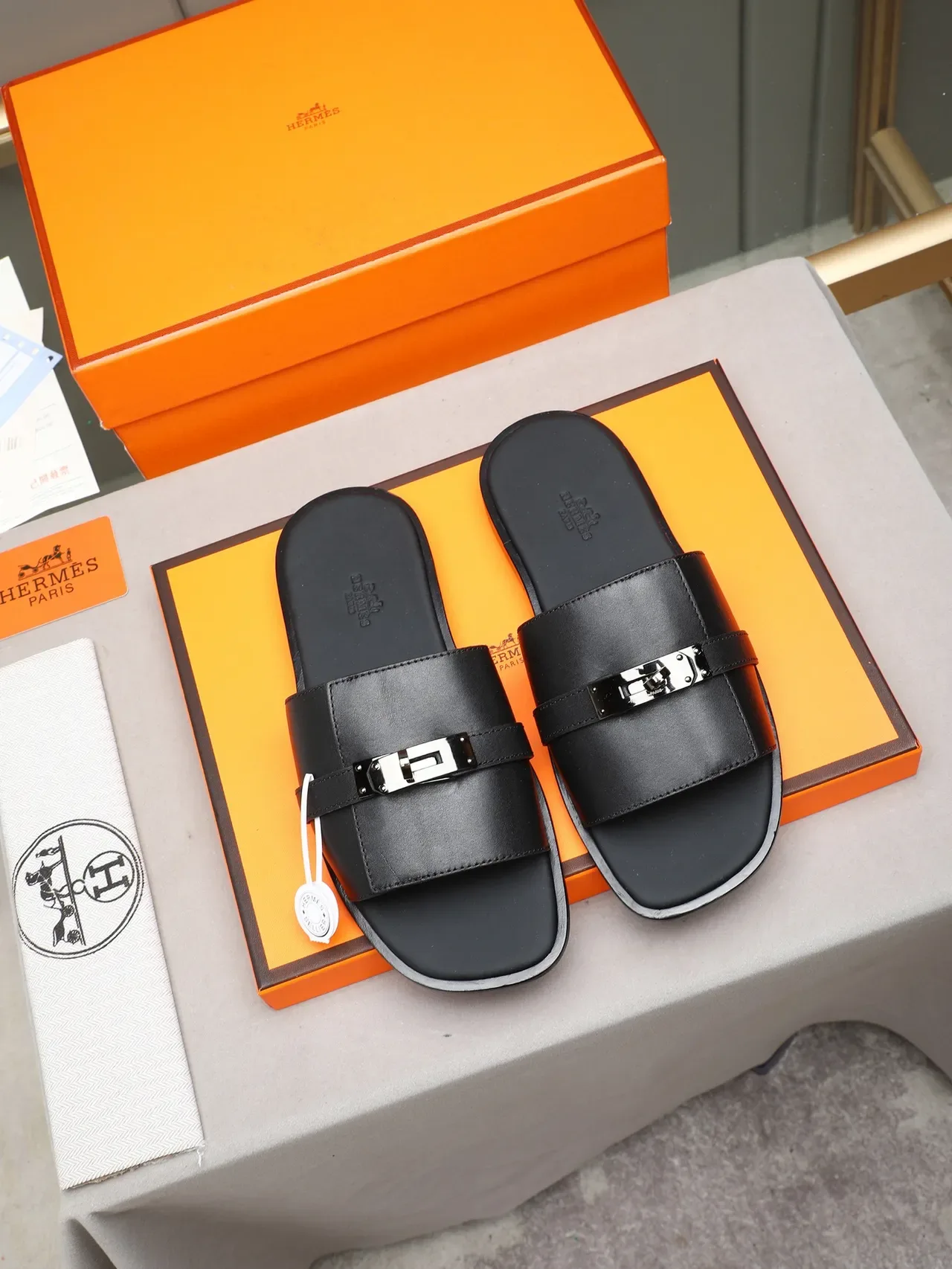 Hermès Oran Negro Naranja Flat Slide Metal H-Toggle Hardware Sandalias 4