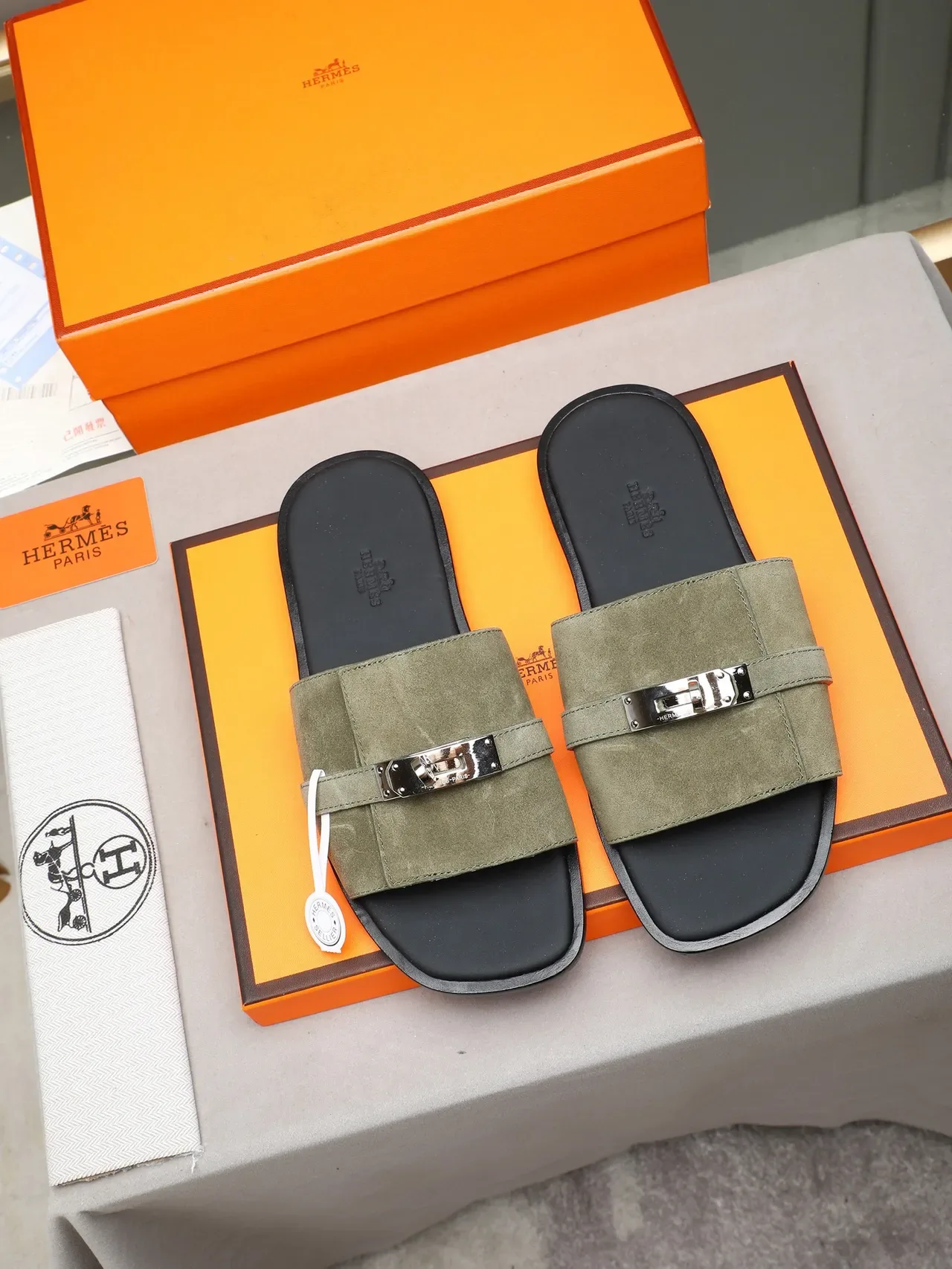 Hermès Oran Negro Naranja Flat Slide Metal H-Toggle Hardware Sandalias 5