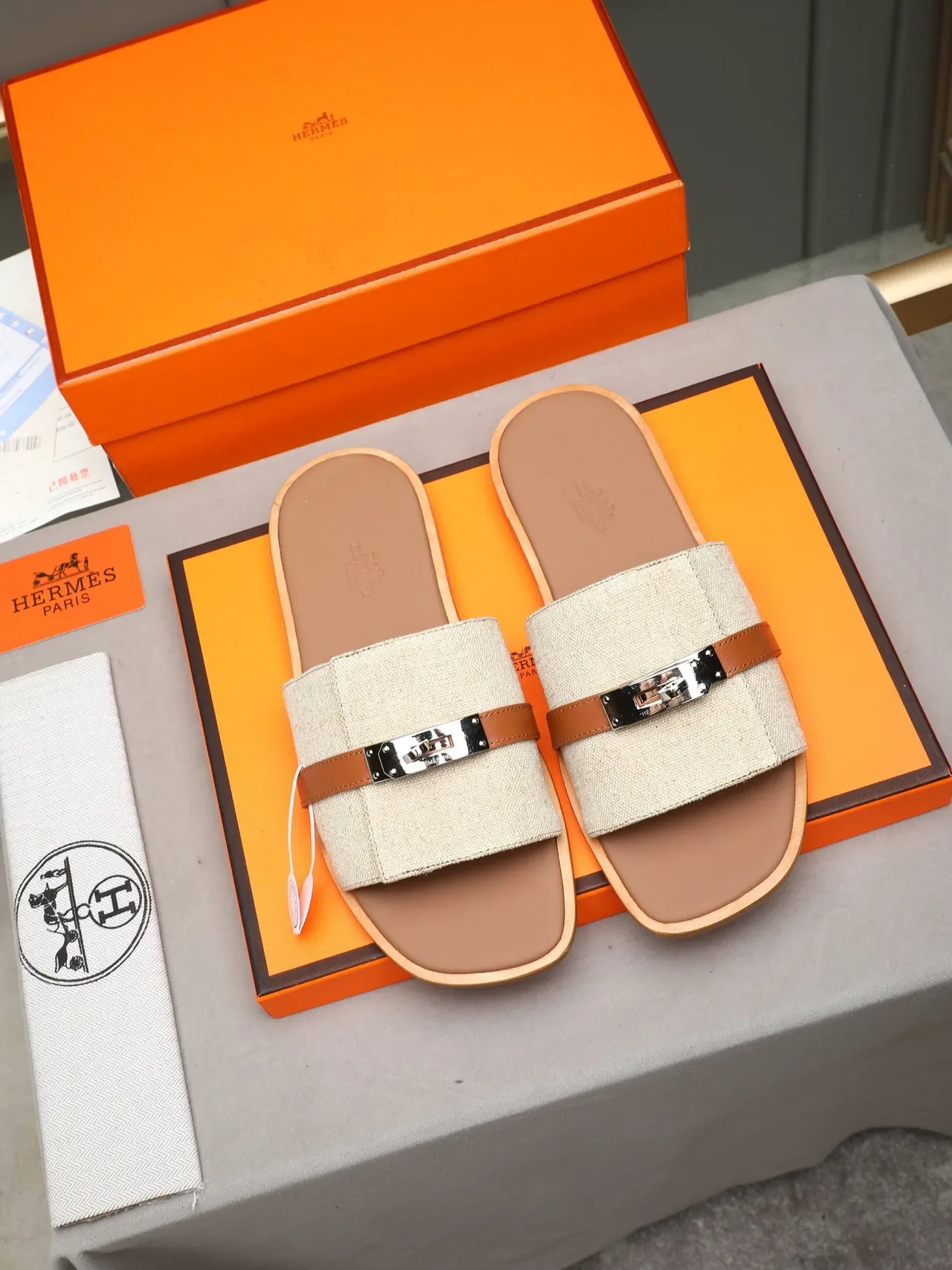 Hermès Oran Negro Naranja Flat Slide Metal H-Toggle Hardware Sandalias 7