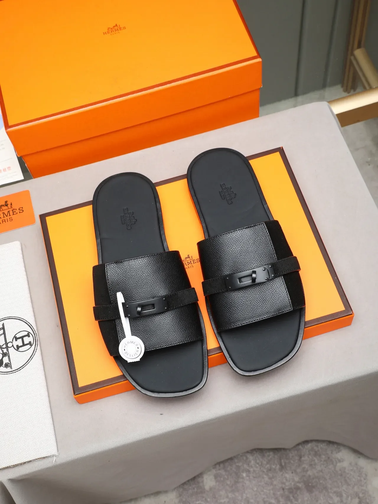 Hermès Oran Negro Naranja Flat Slide Metal H-Toggle Hardware Sandalias 8