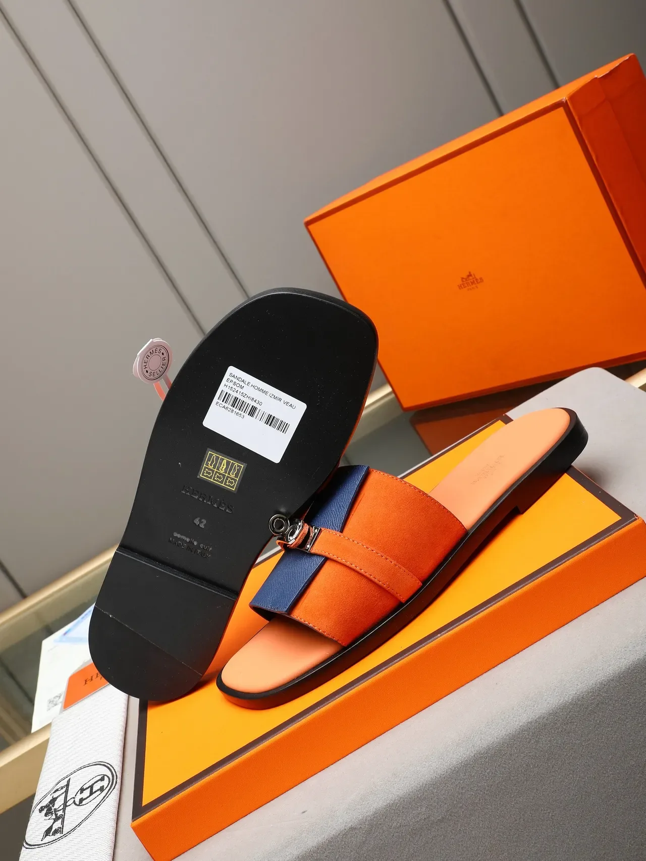 Hermès Oran Negro Naranja Flat Slide Metal H-Toggle Hardware Sandalias 9