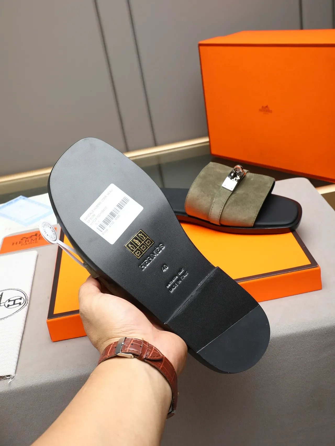 Hermès Oran Negro Naranja Flat Slide Metal H-Toggle Hardware Sandalias 11