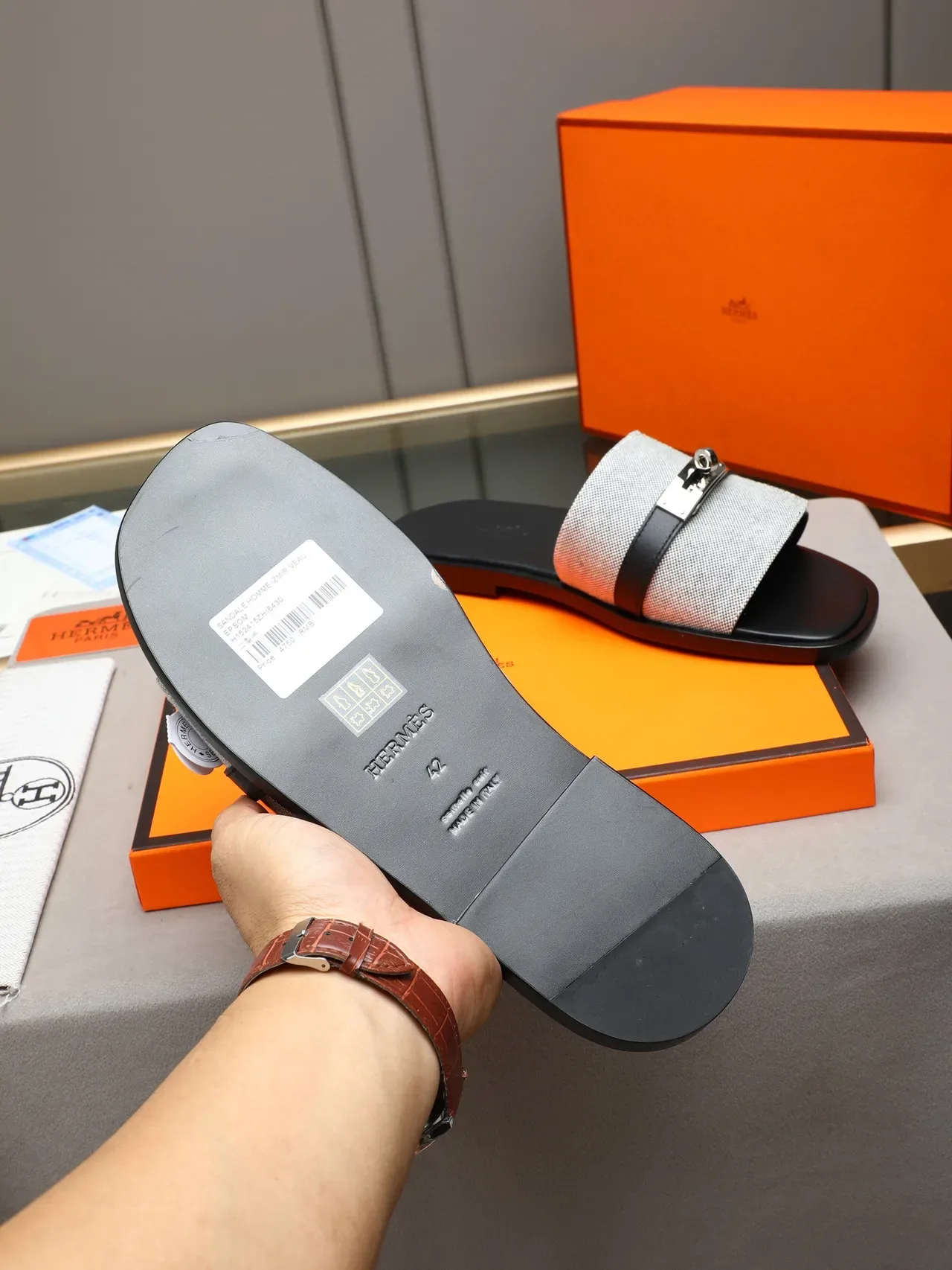 Hermès Oran Negro Naranja Flat Slide Metal H-Toggle Hardware Sandalias 12