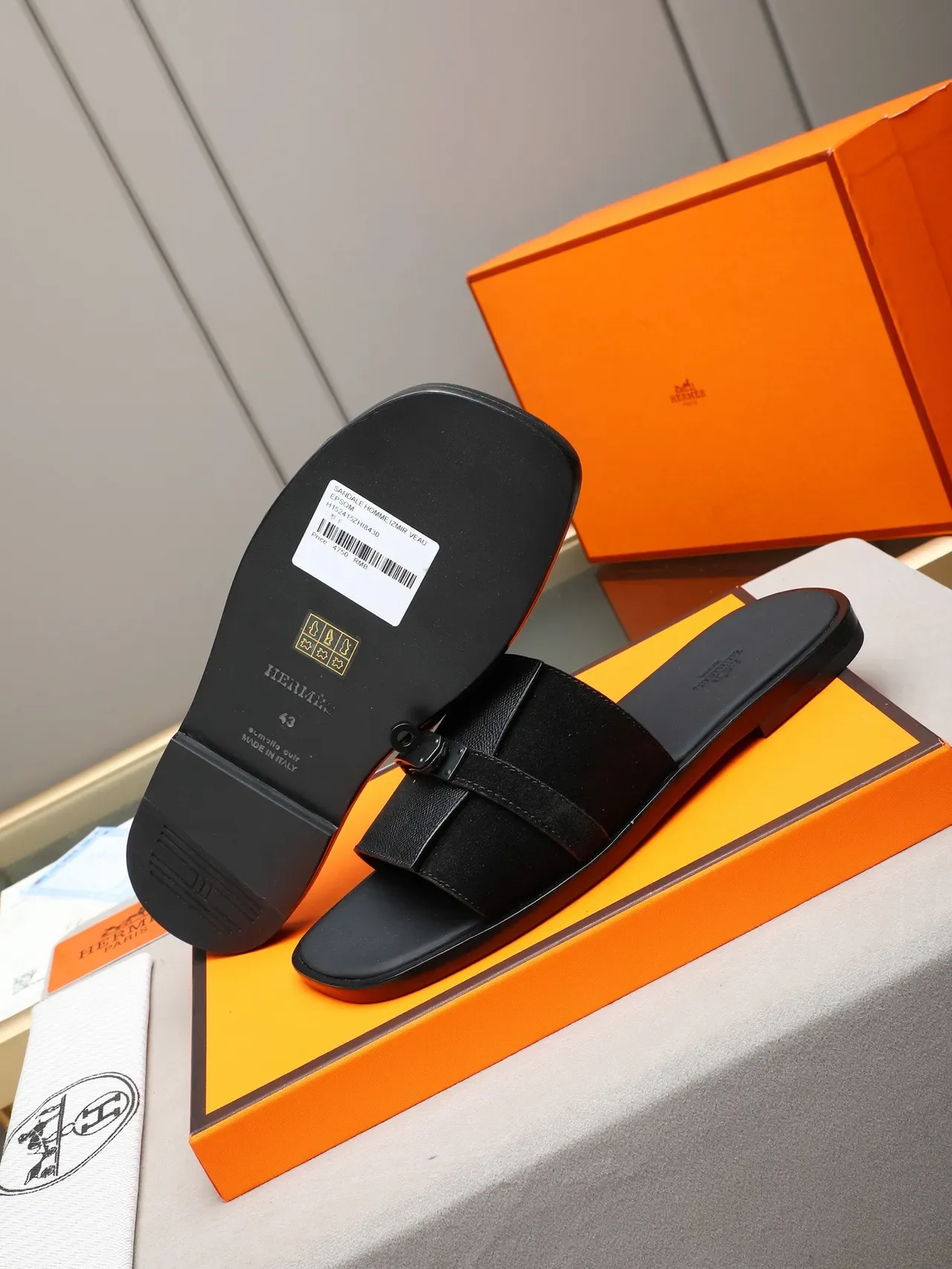 Hermès Oran Negro Naranja Flat Slide Metal H-Toggle Hardware Sandalias 14