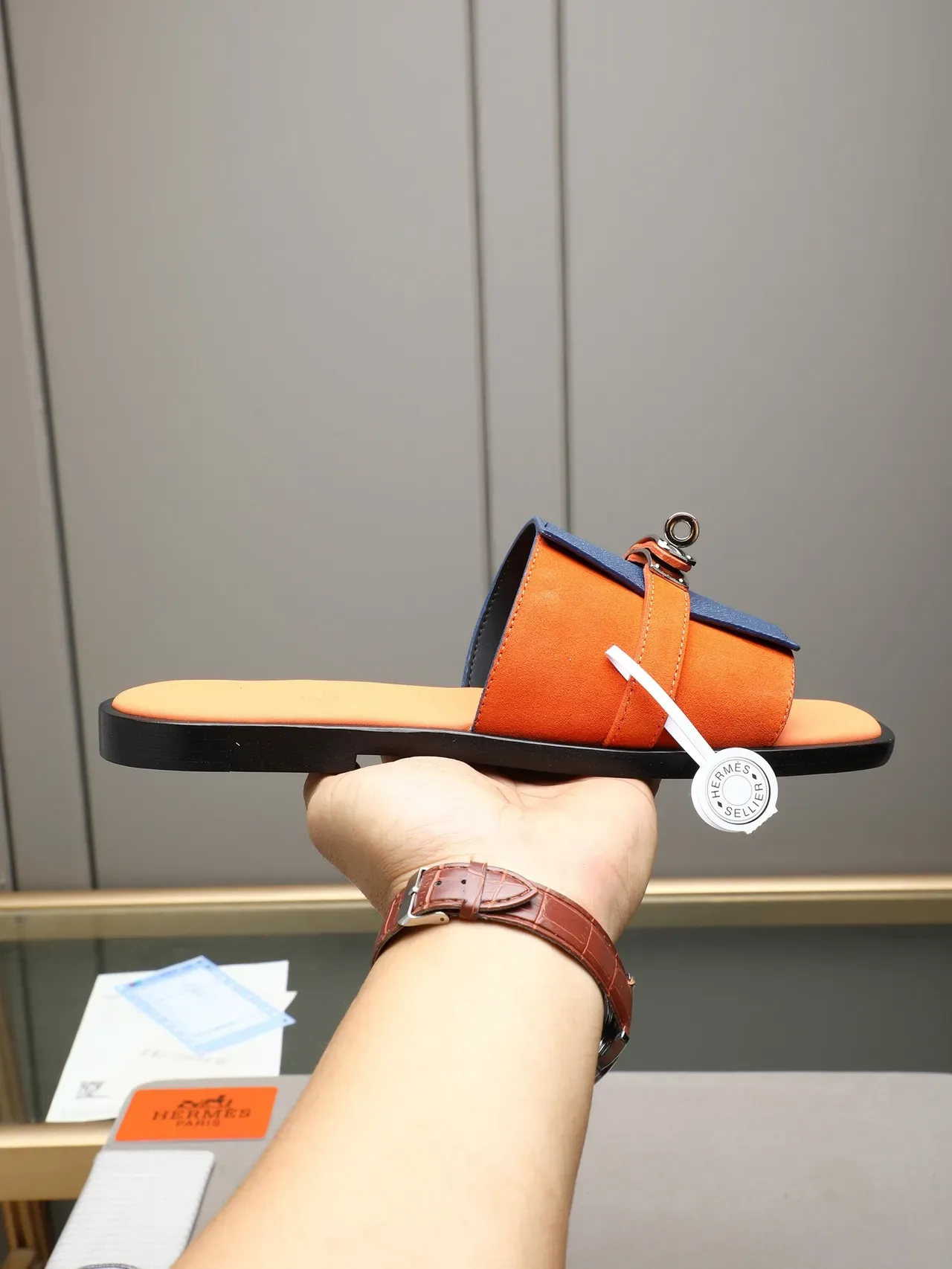 Hermès Oran Negro Naranja Flat Slide Metal H-Toggle Hardware Sandalias 15