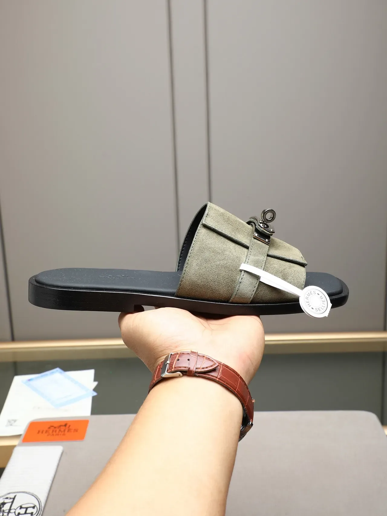Hermès Oran Negro Naranja Flat Slide Metal H-Toggle Hardware Sandalias 17