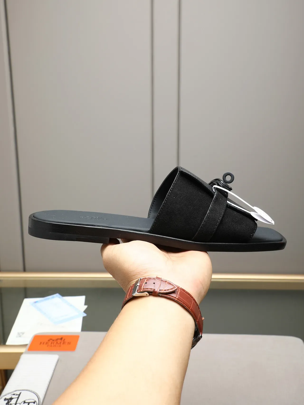 Hermès Oran Negro Naranja Flat Slide Metal H-Toggle Hardware Sandalias 20