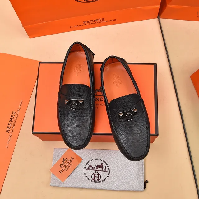 Hermès Oran Black Orange Textured Leather Slip-On Construction Loafer 2