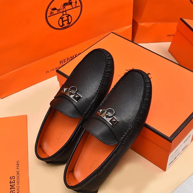 Hermès Oran Black Orange Textured Leather Slip-On Construction Loafer 4