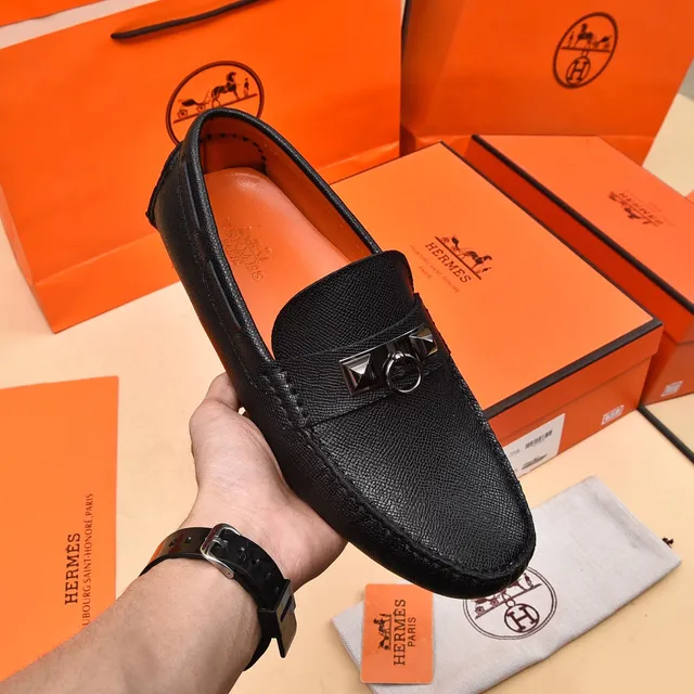 Hermès Oran Black Orange Textured Leather Slip-On Construction Loafer 6