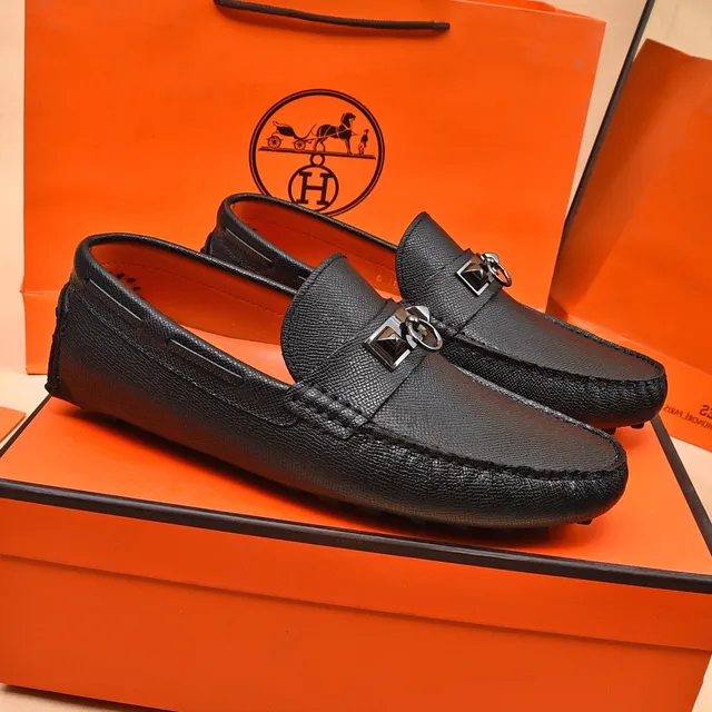 Hermès Oran Black Orange Textured Leather Slip-On Construction Loafer 8